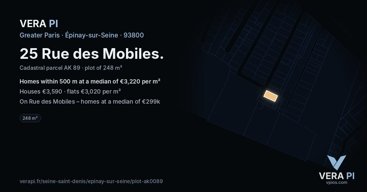 25 Rue des Mobiles, Épinay-sur-Seine at night – the plot lit, the parcels around coloured by the prices near them
