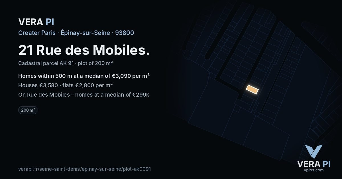 21 Rue des Mobiles, Épinay-sur-Seine at night – the plot lit, the parcels around coloured by the prices near them
