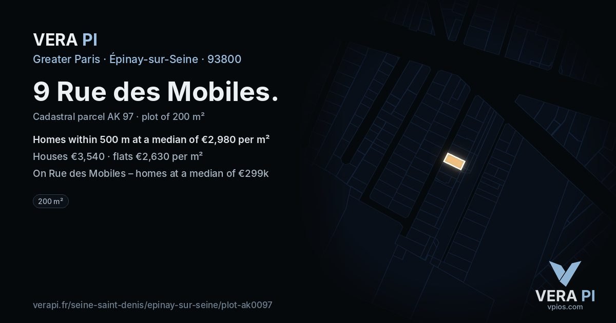 9 Rue des Mobiles, Épinay-sur-Seine at night – the plot lit, the parcels around coloured by the prices near them