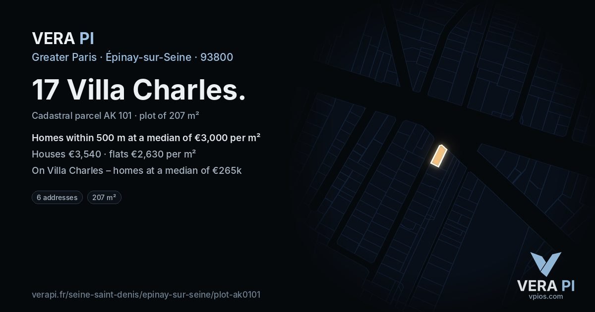 17 Villa Charles, Épinay-sur-Seine at night – the plot lit, the parcels around coloured by the prices near them