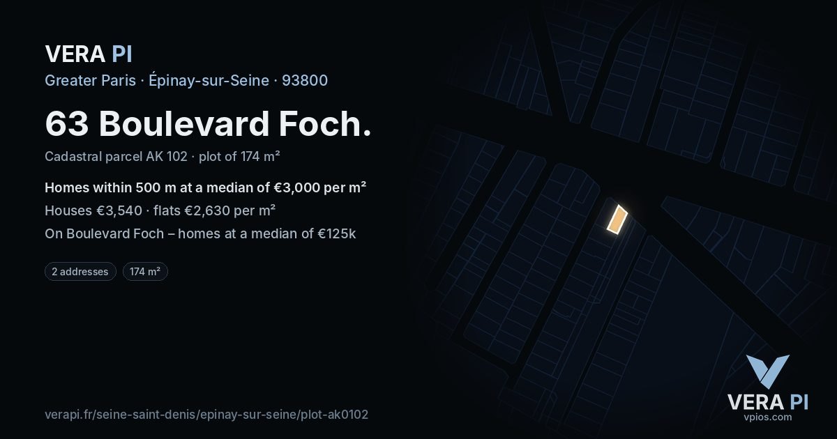 63 Boulevard Foch, Épinay-sur-Seine at night – the plot lit, the parcels around coloured by the prices near them