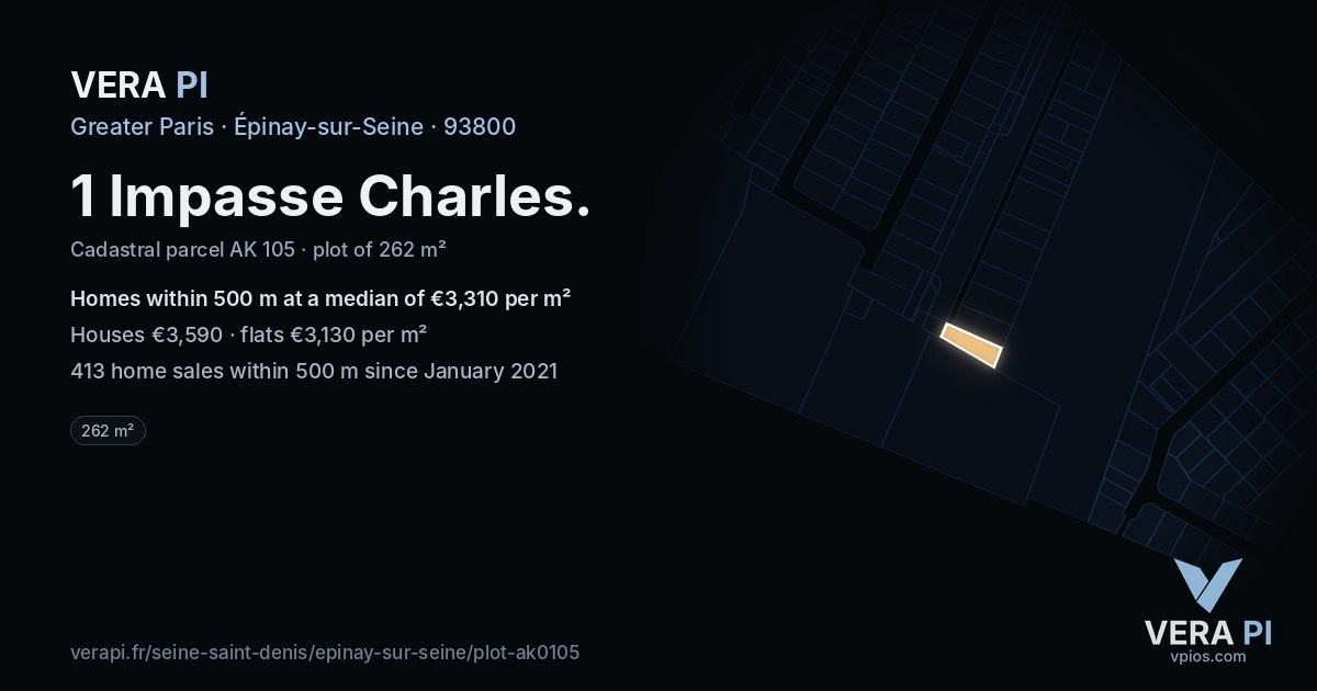 1 Impasse Charles, Épinay-sur-Seine at night – the plot lit, the parcels around coloured by the prices near them
