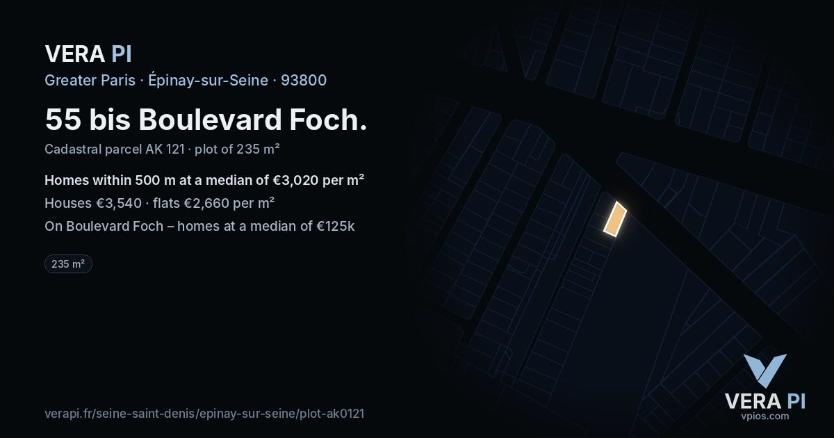 55 bis Boulevard Foch, Épinay-sur-Seine at night – the plot lit, the parcels around coloured by the prices near them