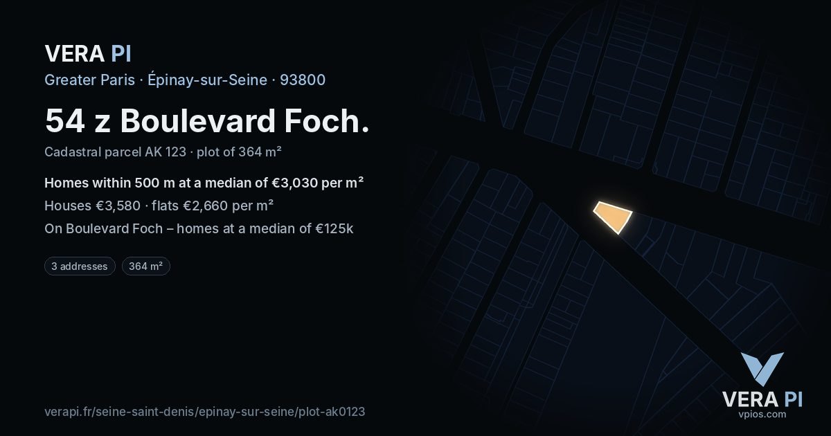54 z Boulevard Foch, Épinay-sur-Seine at night – the plot lit, the parcels around coloured by the prices near them