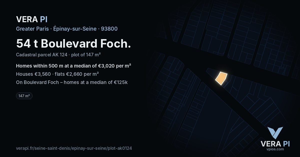 54 t Boulevard Foch, Épinay-sur-Seine at night – the plot lit, the parcels around coloured by the prices near them