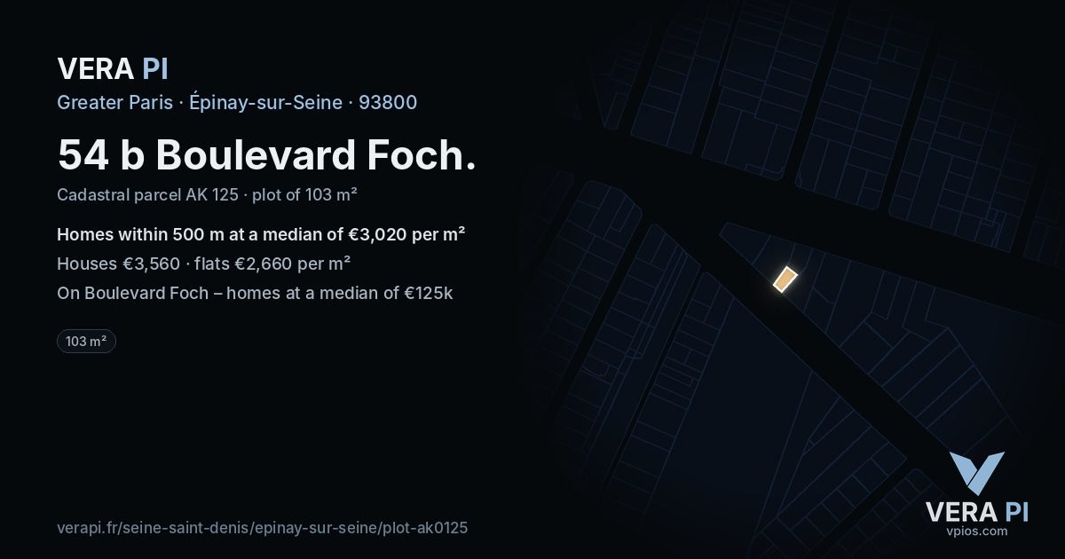 54 b Boulevard Foch, Épinay-sur-Seine at night – the plot lit, the parcels around coloured by the prices near them