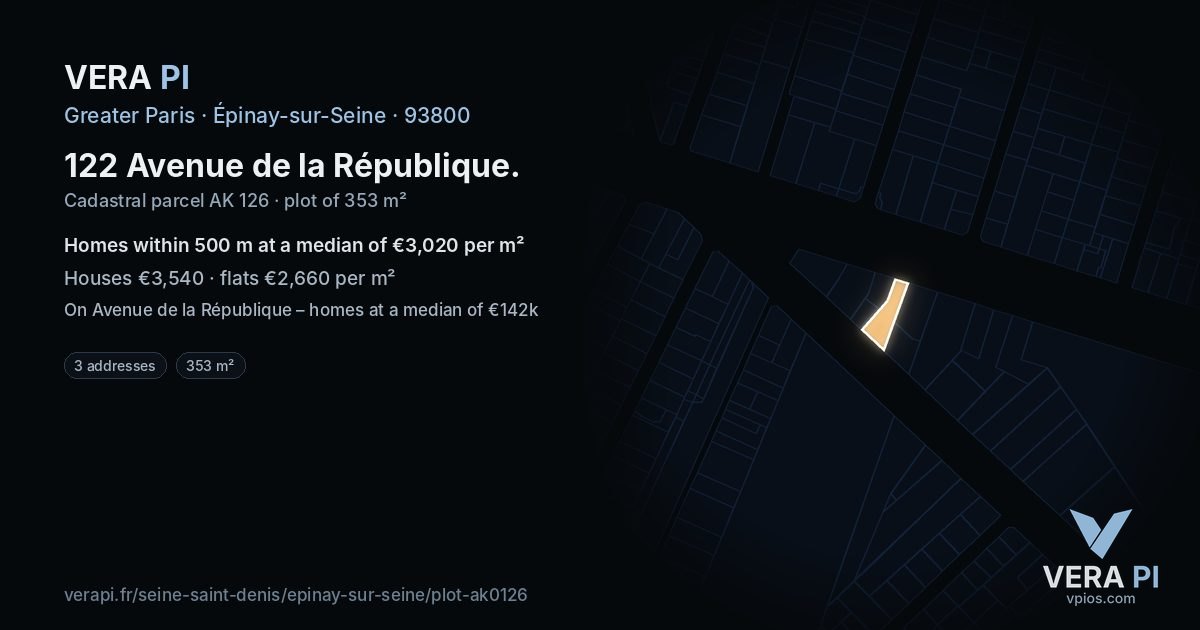 122 Avenue de la République, Épinay-sur-Seine at night – the plot lit, the parcels around coloured by the prices near them