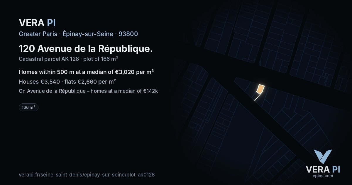120 Avenue de la République, Épinay-sur-Seine at night – the plot lit, the parcels around coloured by the prices near them