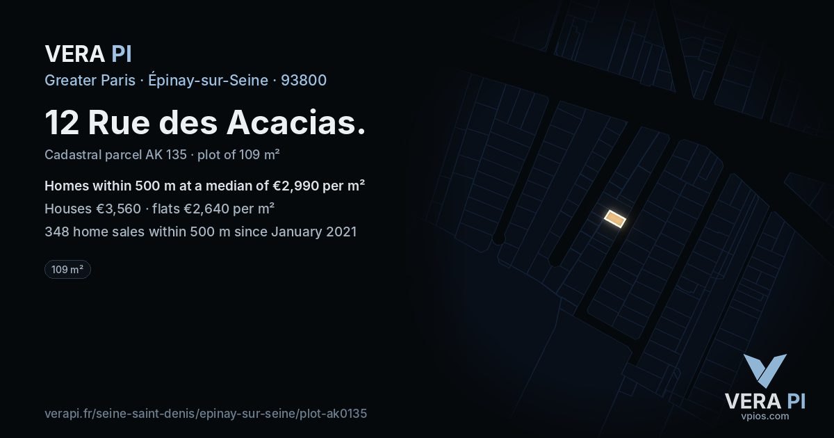 12 Rue des Acacias, Épinay-sur-Seine at night – the plot lit, the parcels around coloured by the prices near them