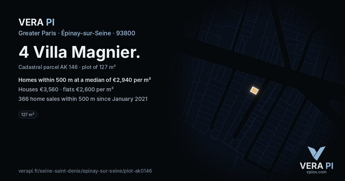 4 Villa Magnier, Épinay-sur-Seine at night – the plot lit, the parcels around coloured by the prices near them