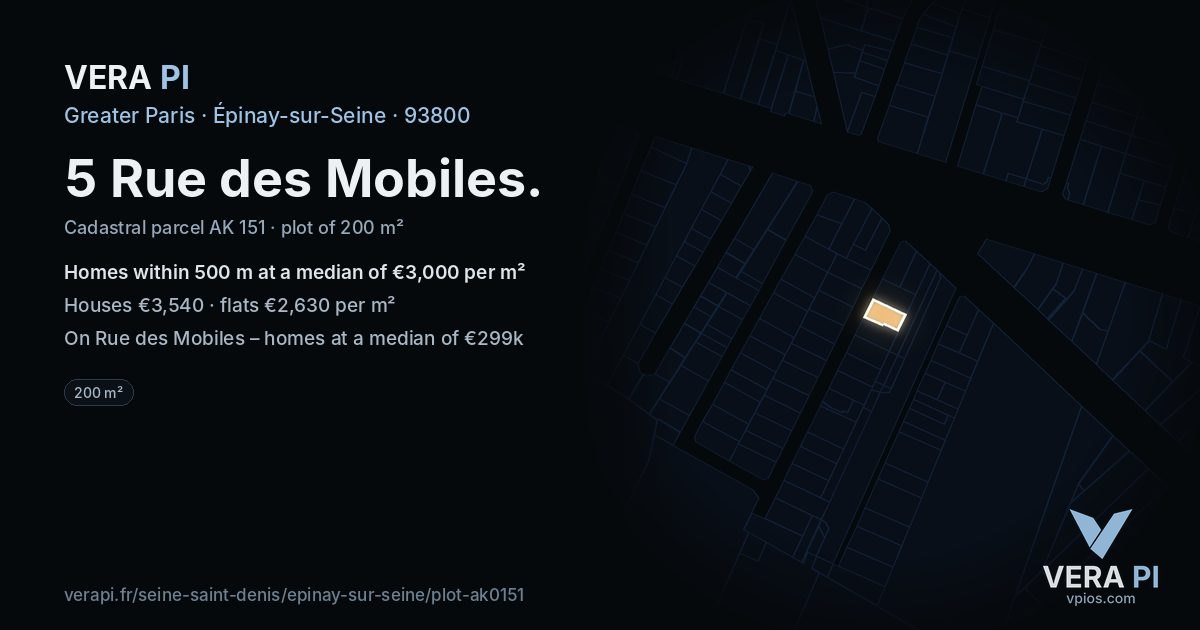 5 Rue des Mobiles, Épinay-sur-Seine at night – the plot lit, the parcels around coloured by the prices near them
