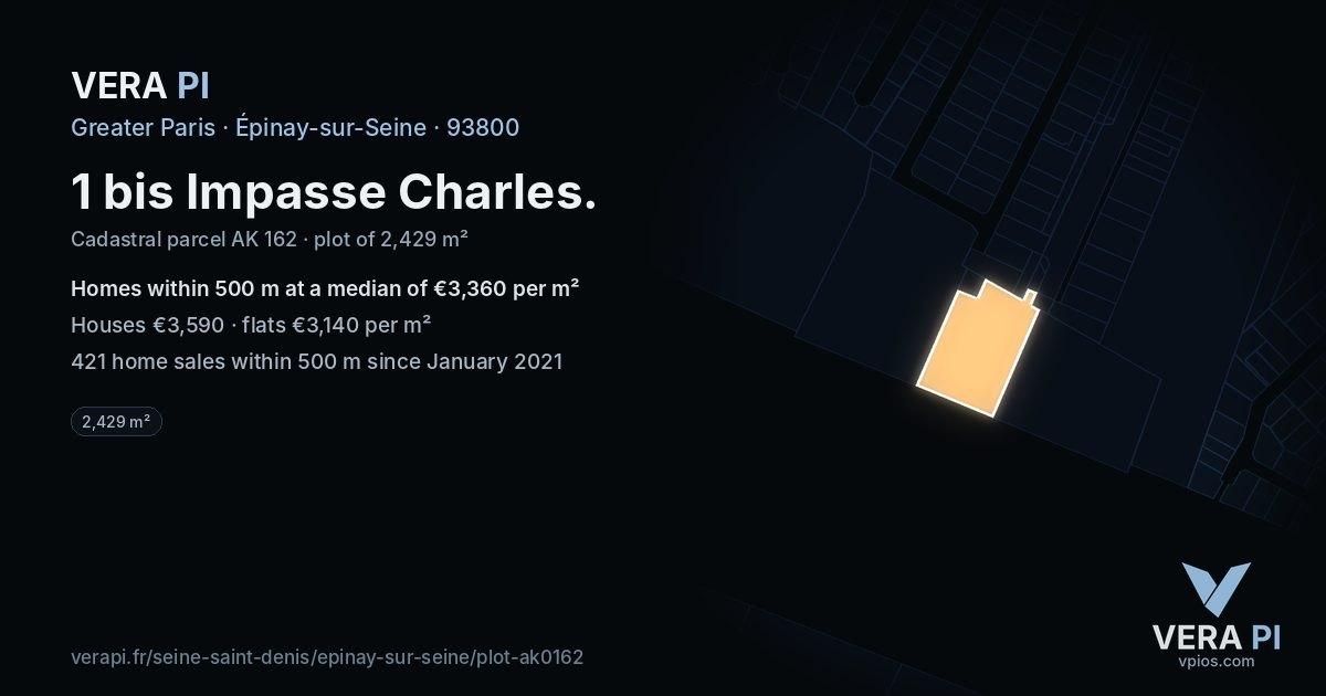 1 bis Impasse Charles, Épinay-sur-Seine at night – the plot lit, the parcels around coloured by the prices near them