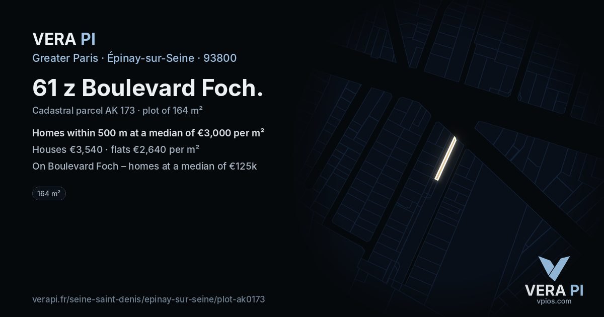 61 z Boulevard Foch, Épinay-sur-Seine at night – the plot lit, the parcels around coloured by the prices near them