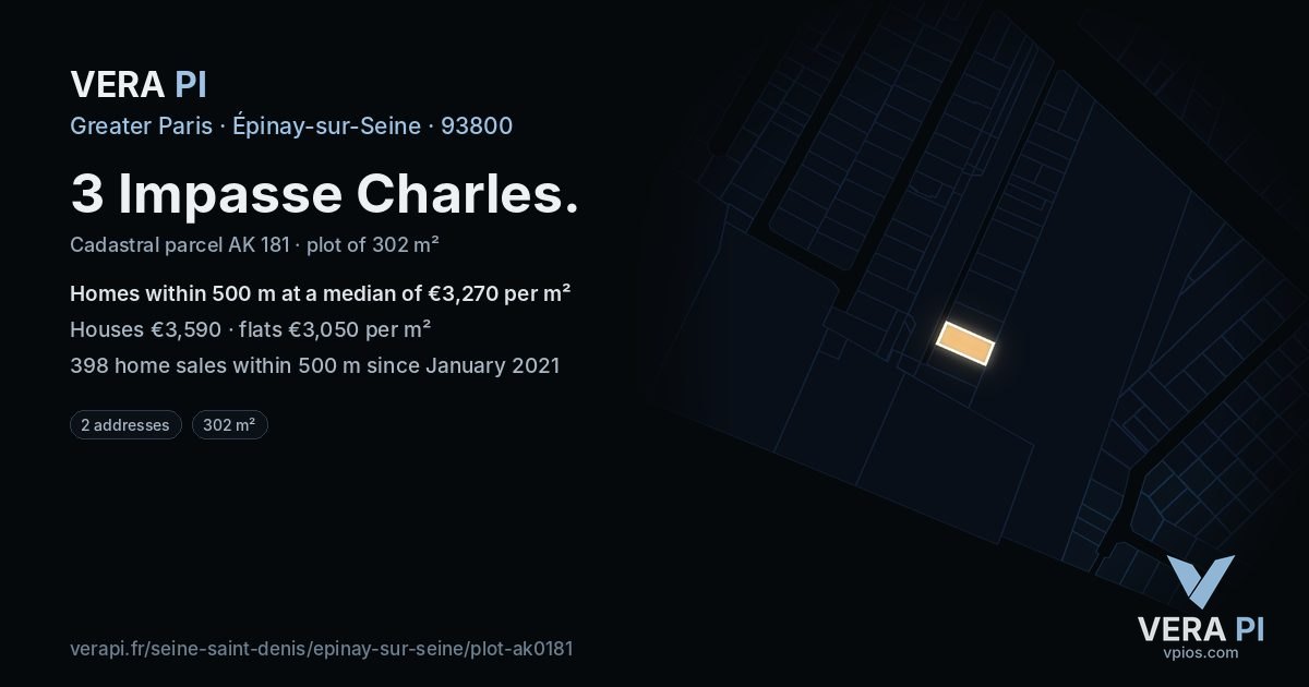 3 Impasse Charles, Épinay-sur-Seine at night – the plot lit, the parcels around coloured by the prices near them