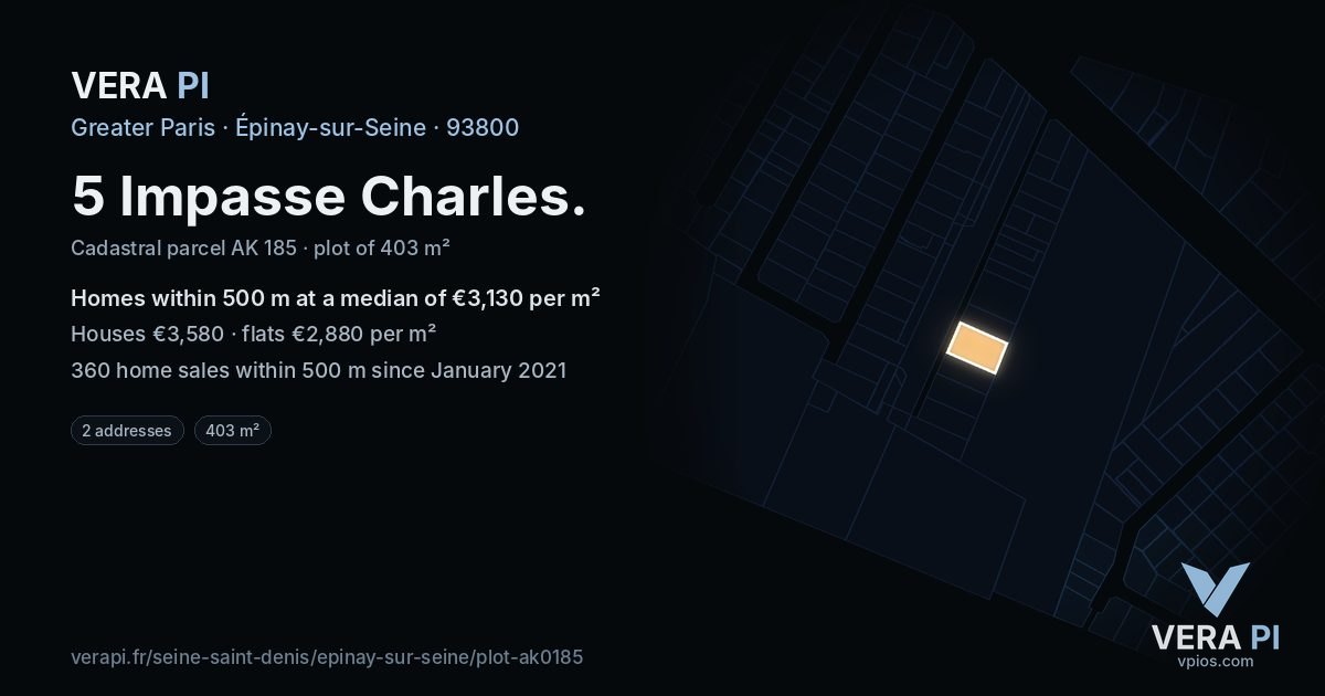 5 Impasse Charles, Épinay-sur-Seine at night – the plot lit, the parcels around coloured by the prices near them