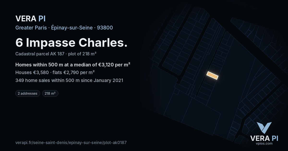6 Impasse Charles, Épinay-sur-Seine at night – the plot lit, the parcels around coloured by the prices near them