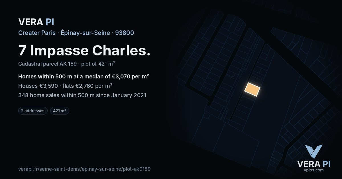 7 Impasse Charles, Épinay-sur-Seine at night – the plot lit, the parcels around coloured by the prices near them