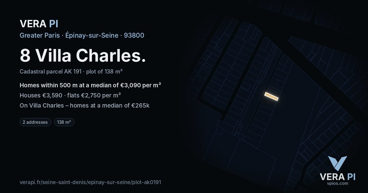 8 Villa Charles, Épinay-sur-Seine at night – the plot lit, the parcels around coloured by the prices near them