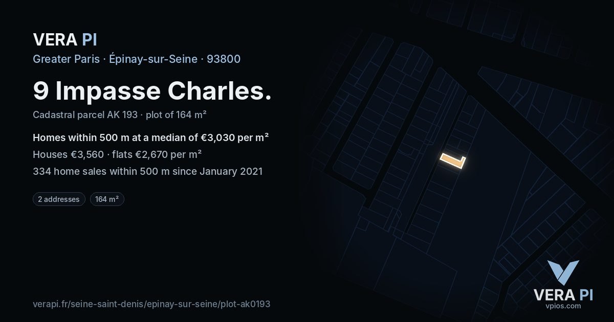 9 Impasse Charles, Épinay-sur-Seine at night – the plot lit, the parcels around coloured by the prices near them