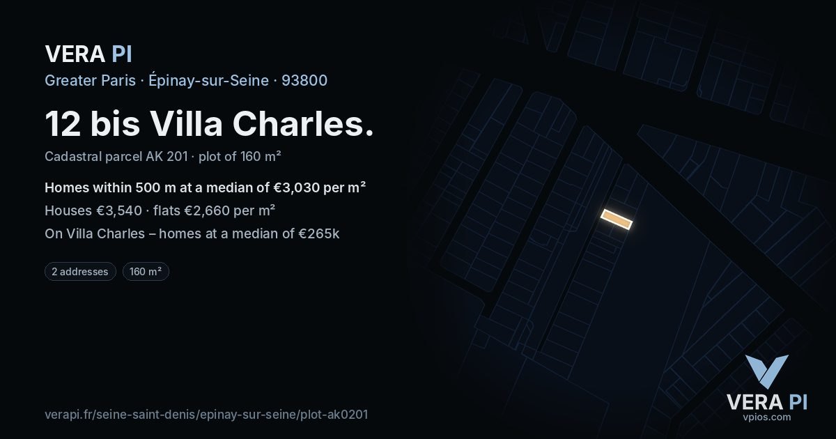 12 bis Villa Charles, Épinay-sur-Seine at night – the plot lit, the parcels around coloured by the prices near them