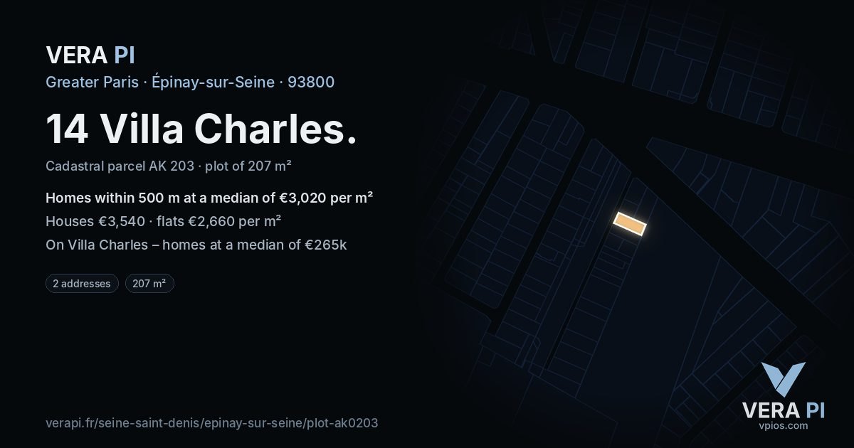 14 Villa Charles, Épinay-sur-Seine at night – the plot lit, the parcels around coloured by the prices near them