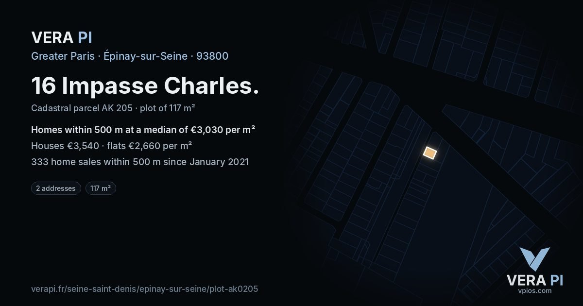 16 Impasse Charles, Épinay-sur-Seine at night – the plot lit, the parcels around coloured by the prices near them