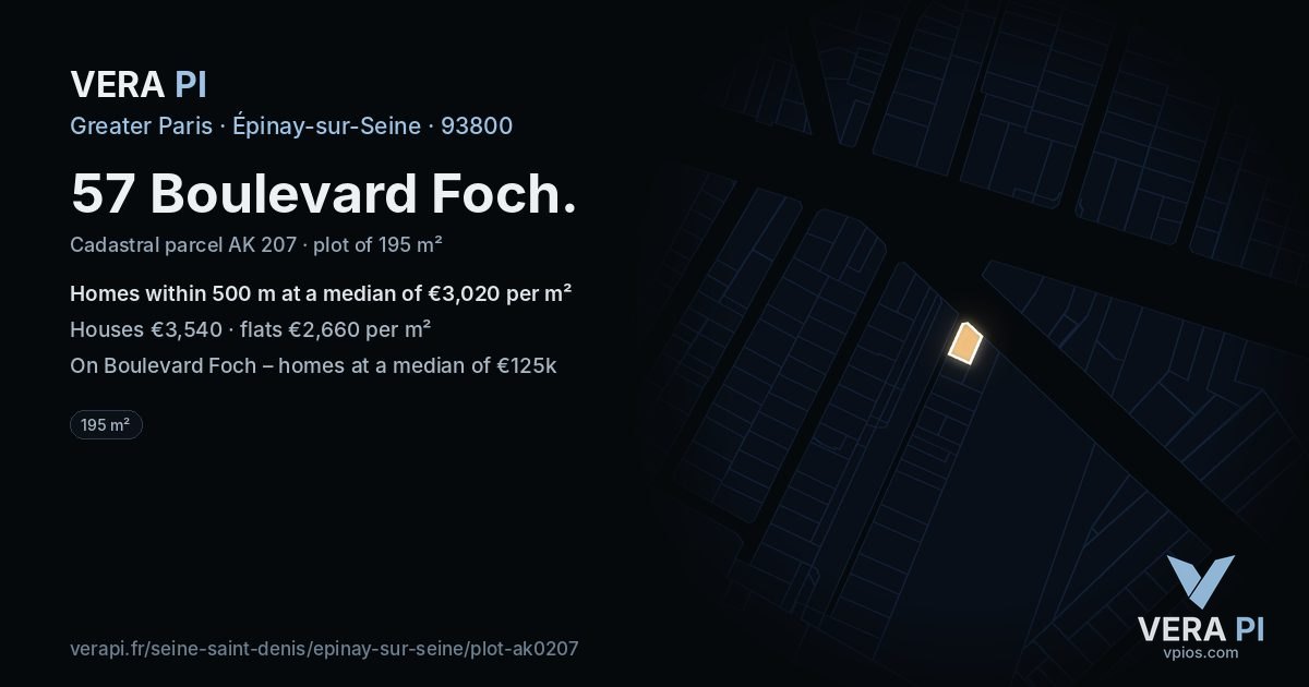 57 Boulevard Foch, Épinay-sur-Seine at night – the plot lit, the parcels around coloured by the prices near them
