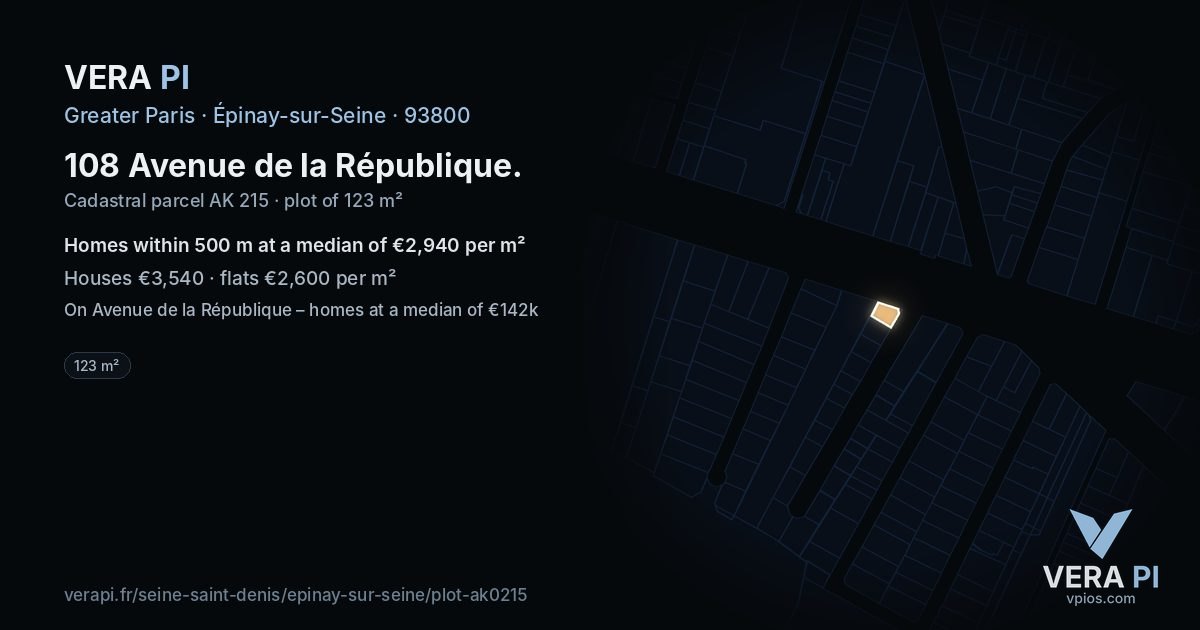 108 Avenue de la République, Épinay-sur-Seine at night – the plot lit, the parcels around coloured by the prices near them