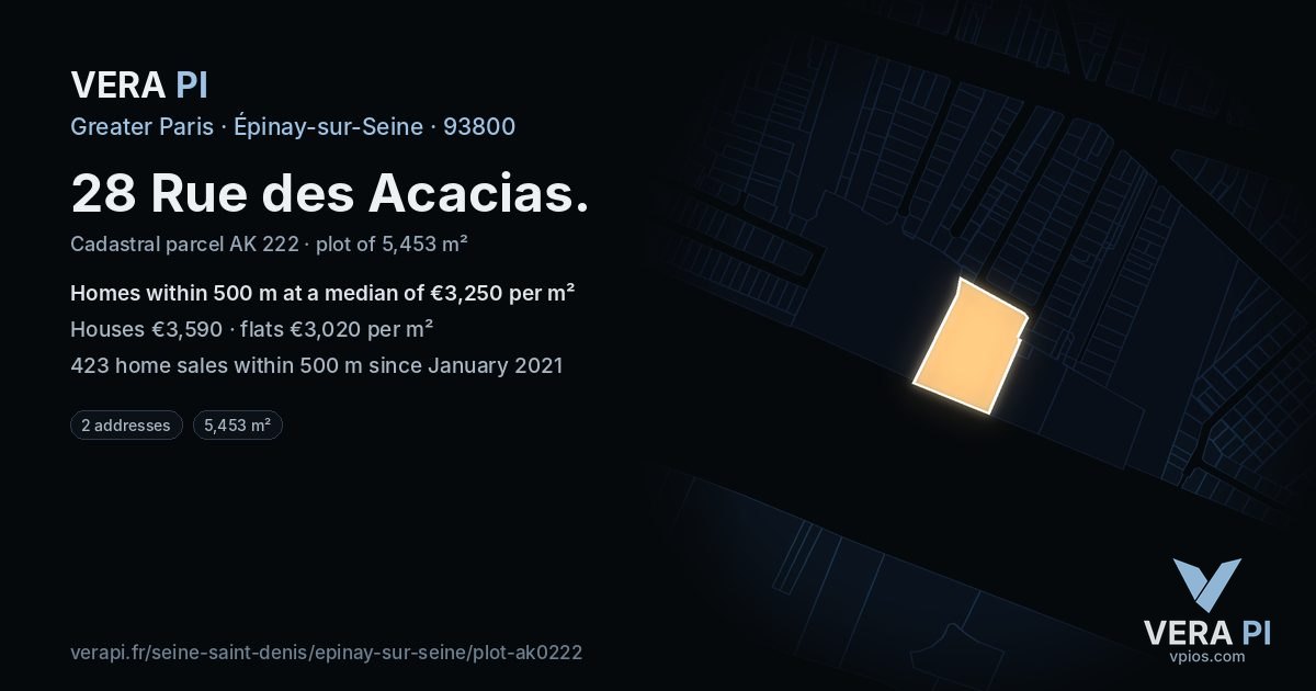 28 Rue des Acacias, Épinay-sur-Seine at night – the plot lit, the parcels around coloured by the prices near them
