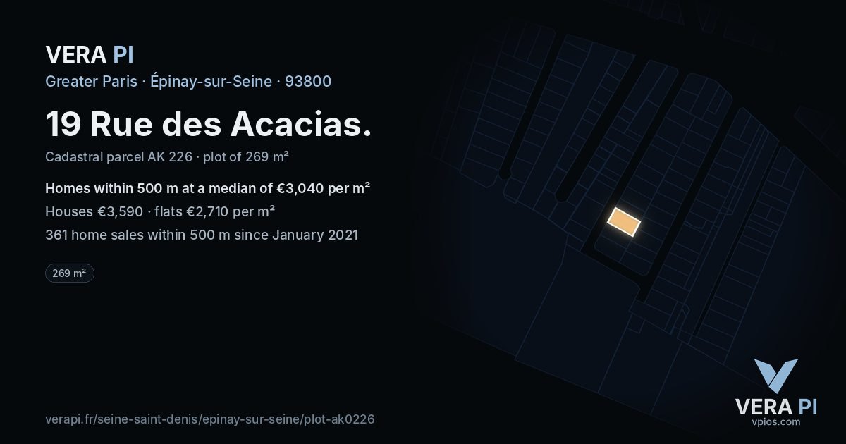 19 Rue des Acacias, Épinay-sur-Seine at night – the plot lit, the parcels around coloured by the prices near them