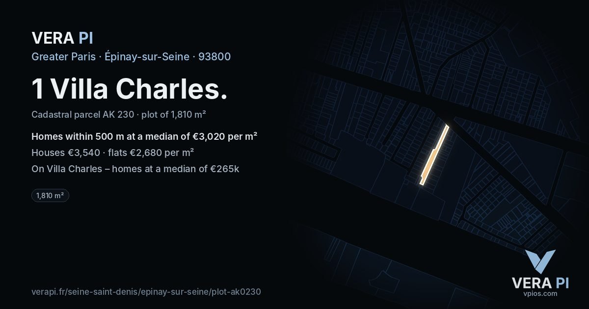 1 Villa Charles, Épinay-sur-Seine at night – the plot lit, the parcels around coloured by the prices near them