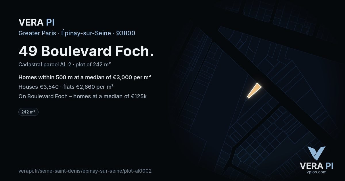 49 Boulevard Foch, Épinay-sur-Seine at night – the plot lit, the parcels around coloured by the prices near them