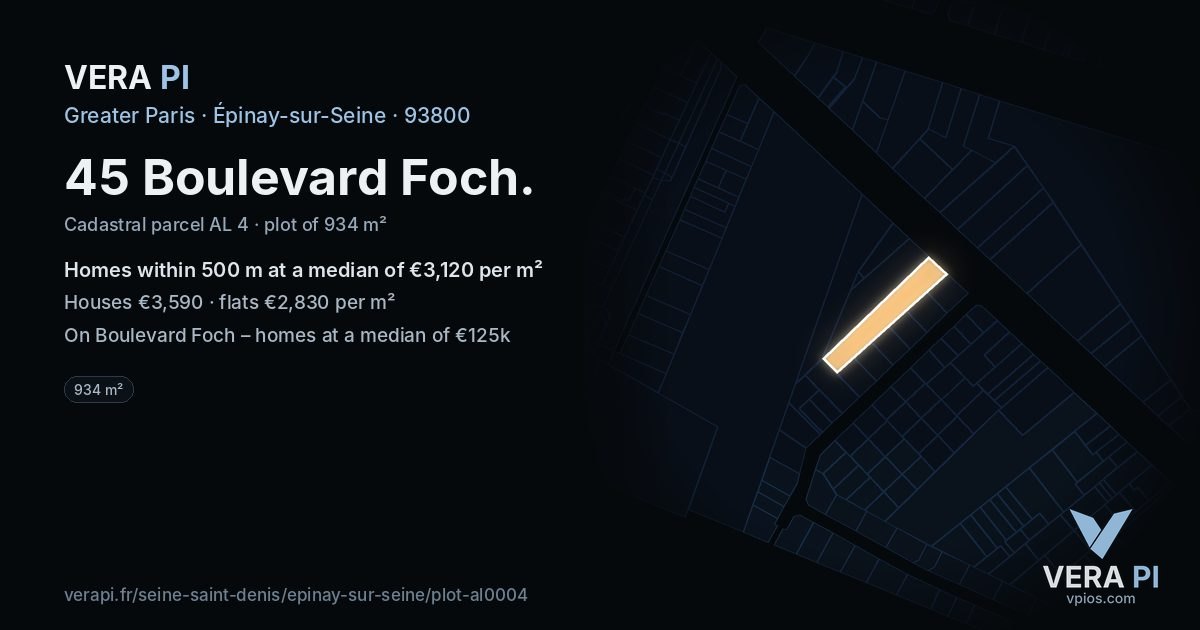 45 Boulevard Foch, Épinay-sur-Seine at night – the plot lit, the parcels around coloured by the prices near them