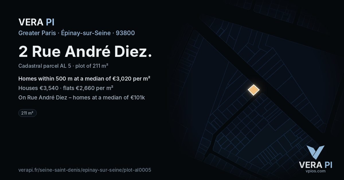 2 Rue André Diez, Épinay-sur-Seine at night – the plot lit, the parcels around coloured by the prices near them