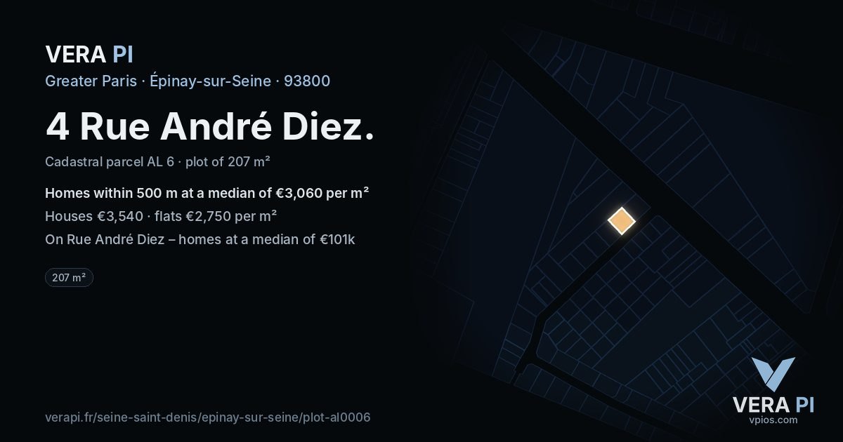 4 Rue André Diez, Épinay-sur-Seine at night – the plot lit, the parcels around coloured by the prices near them