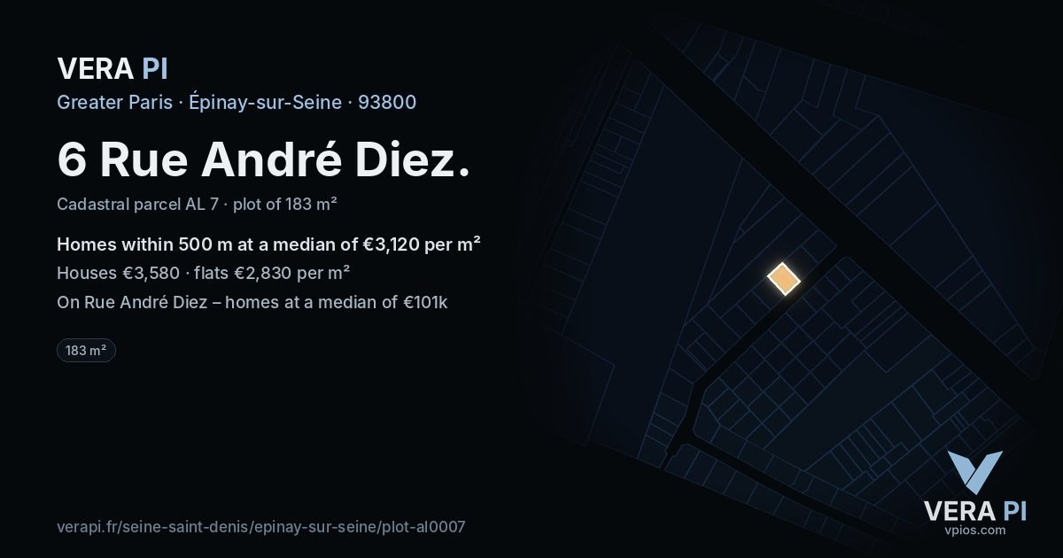 6 Rue André Diez, Épinay-sur-Seine at night – the plot lit, the parcels around coloured by the prices near them