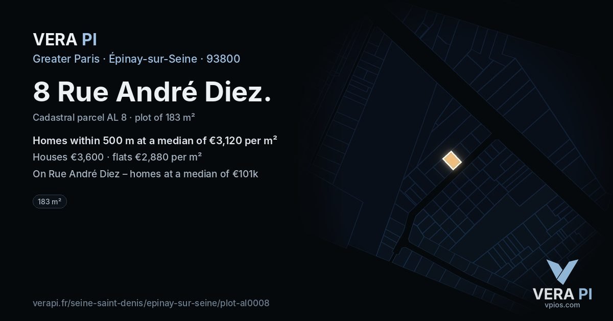 8 Rue André Diez, Épinay-sur-Seine at night – the plot lit, the parcels around coloured by the prices near them
