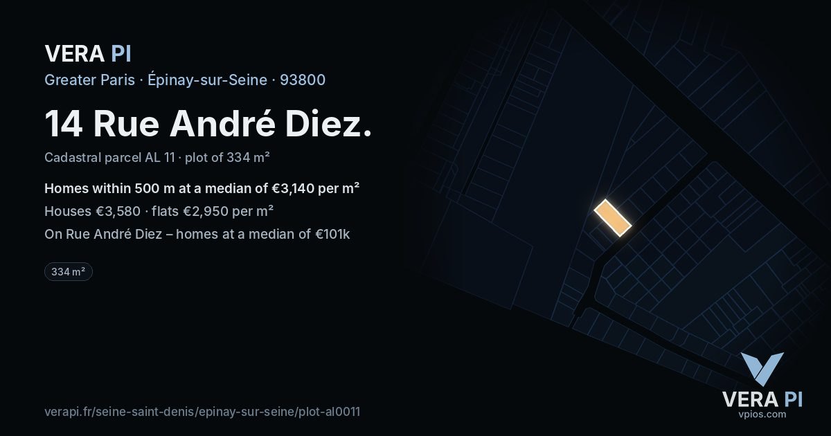 14 Rue André Diez, Épinay-sur-Seine at night – the plot lit, the parcels around coloured by the prices near them