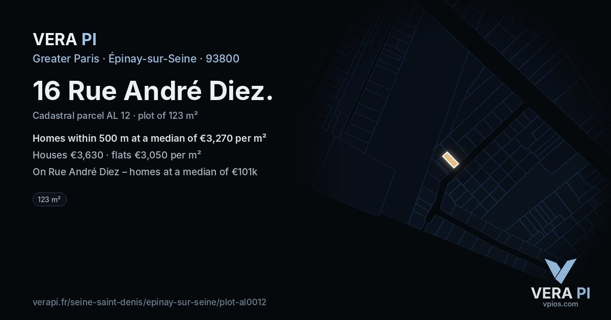 16 Rue André Diez, Épinay-sur-Seine at night – the plot lit, the parcels around coloured by the prices near them
