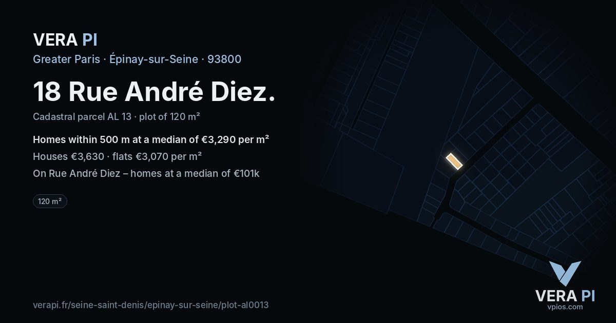 18 Rue André Diez, Épinay-sur-Seine at night – the plot lit, the parcels around coloured by the prices near them