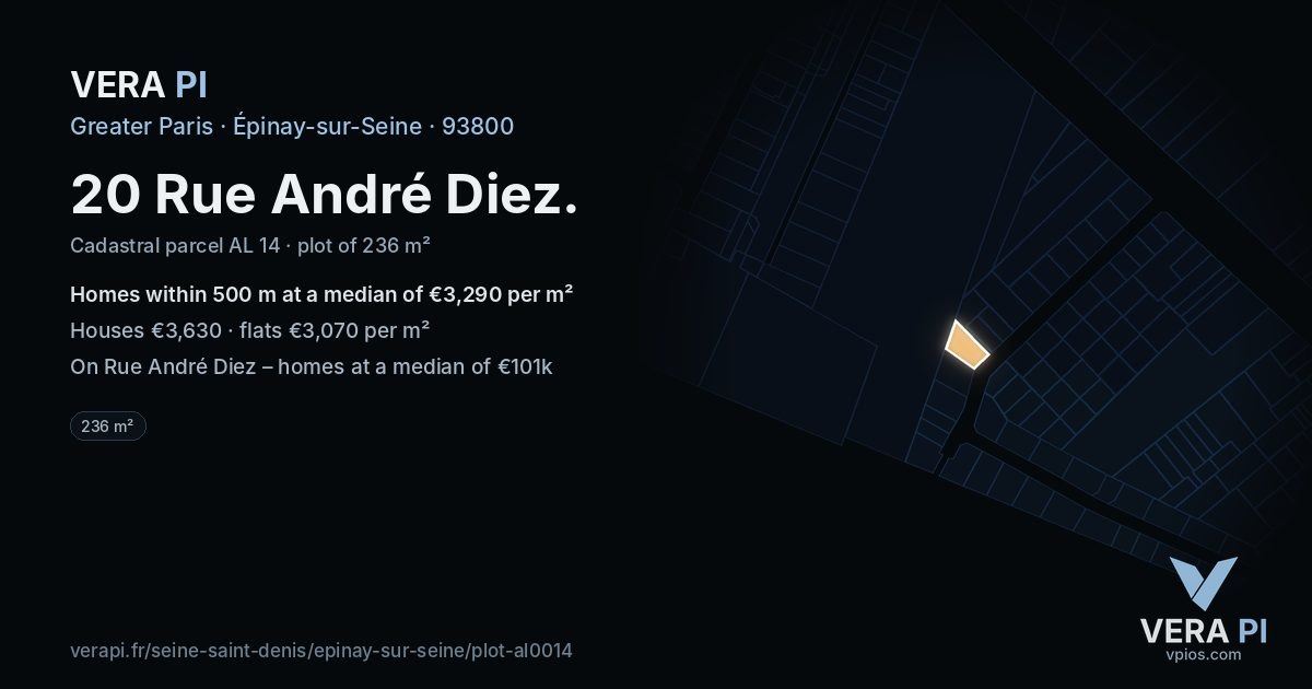 20 Rue André Diez, Épinay-sur-Seine at night – the plot lit, the parcels around coloured by the prices near them