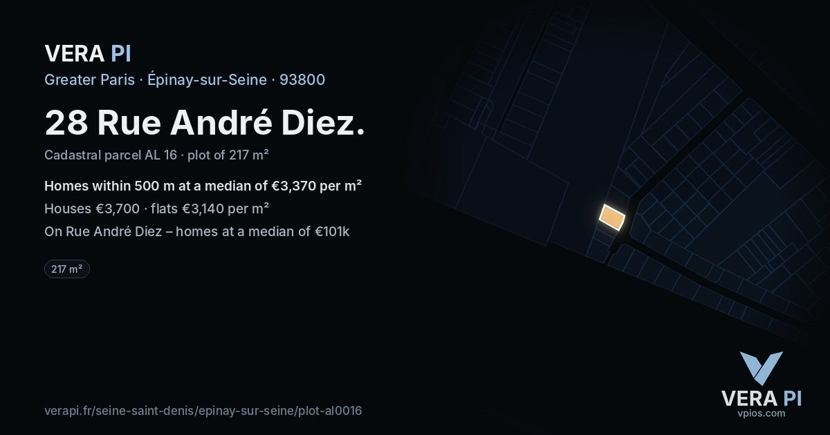 28 Rue André Diez, Épinay-sur-Seine at night – the plot lit, the parcels around coloured by the prices near them