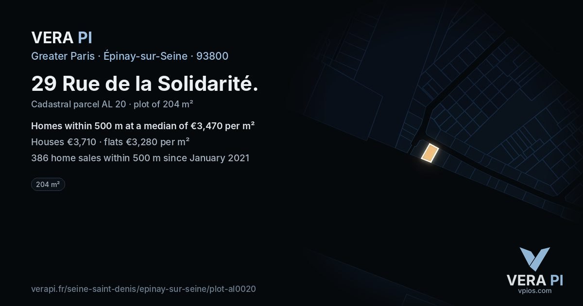 29 Rue de la Solidarité, Épinay-sur-Seine at night – the plot lit, the parcels around coloured by the prices near them