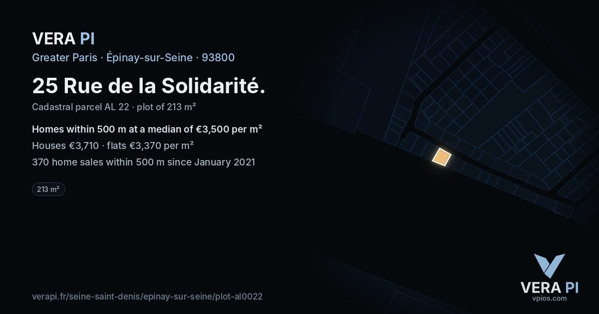 25 Rue de la Solidarité, Épinay-sur-Seine at night – the plot lit, the parcels around coloured by the prices near them