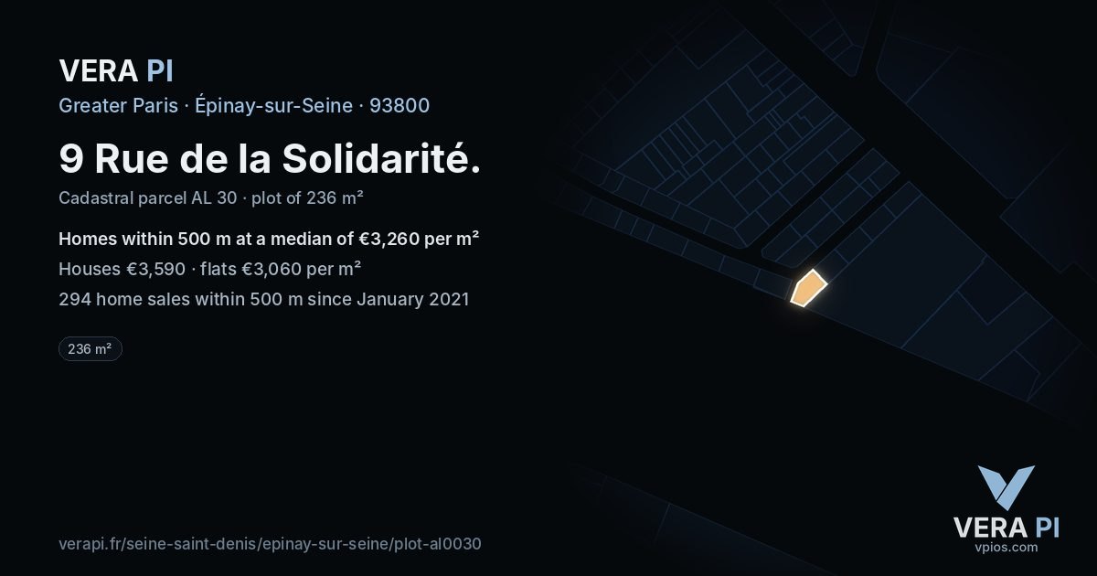 9 Rue de la Solidarité, Épinay-sur-Seine at night – the plot lit, the parcels around coloured by the prices near them