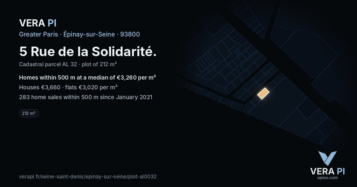 5 Rue de la Solidarité, Épinay-sur-Seine at night – the plot lit, the parcels around coloured by the prices near them