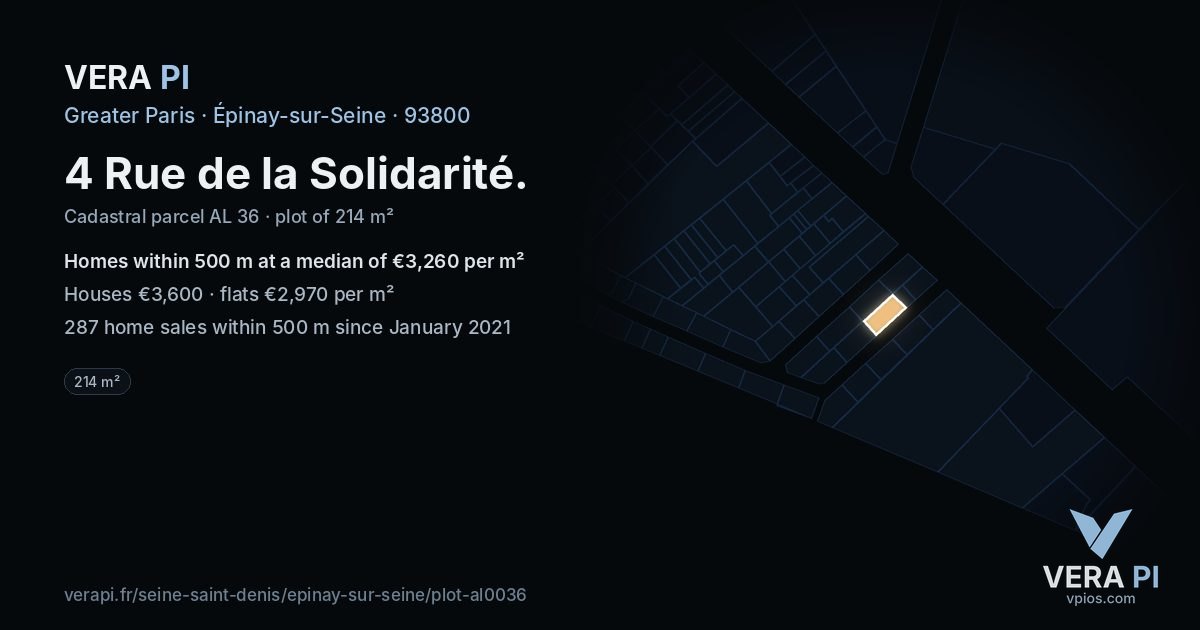 4 Rue de la Solidarité, Épinay-sur-Seine at night – the plot lit, the parcels around coloured by the prices near them