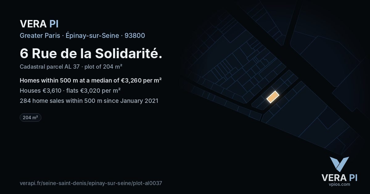 6 Rue de la Solidarité, Épinay-sur-Seine at night – the plot lit, the parcels around coloured by the prices near them