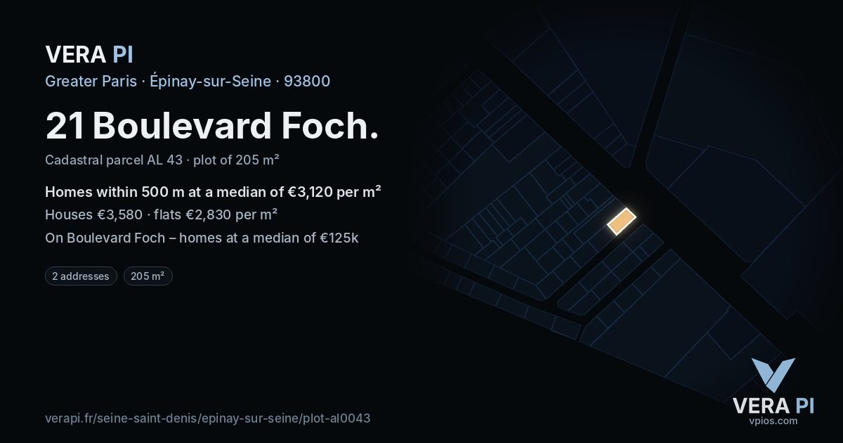 21 Boulevard Foch, Épinay-sur-Seine at night – the plot lit, the parcels around coloured by the prices near them