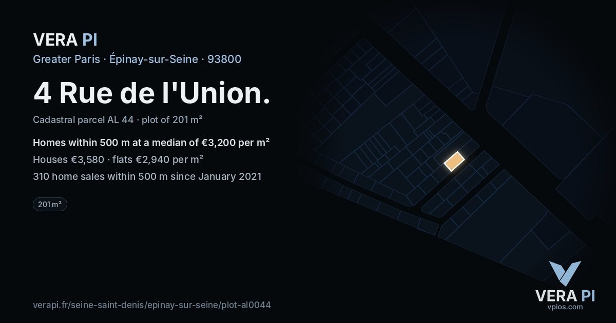 4 Rue de l'Union, Épinay-sur-Seine at night – the plot lit, the parcels around coloured by the prices near them